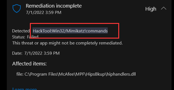 HackTool:Win32/Mimikatz!commands